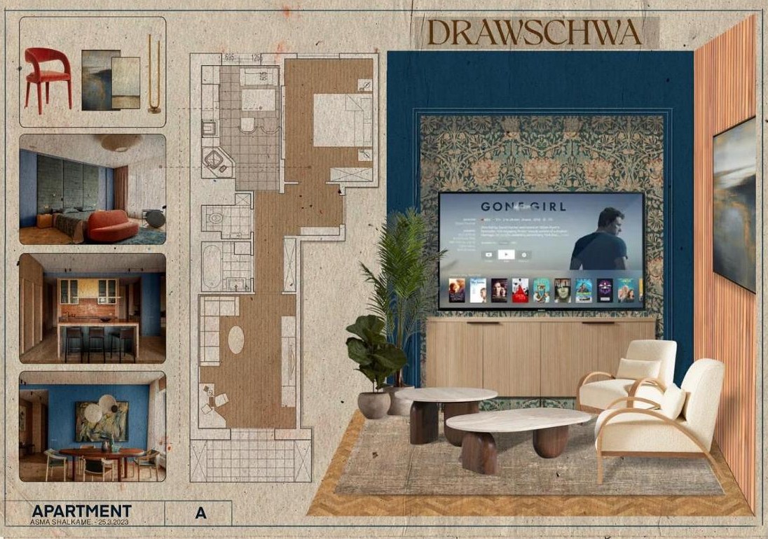 DRAWSCHWA Apartment A board: plan, references and a blue living room elevation