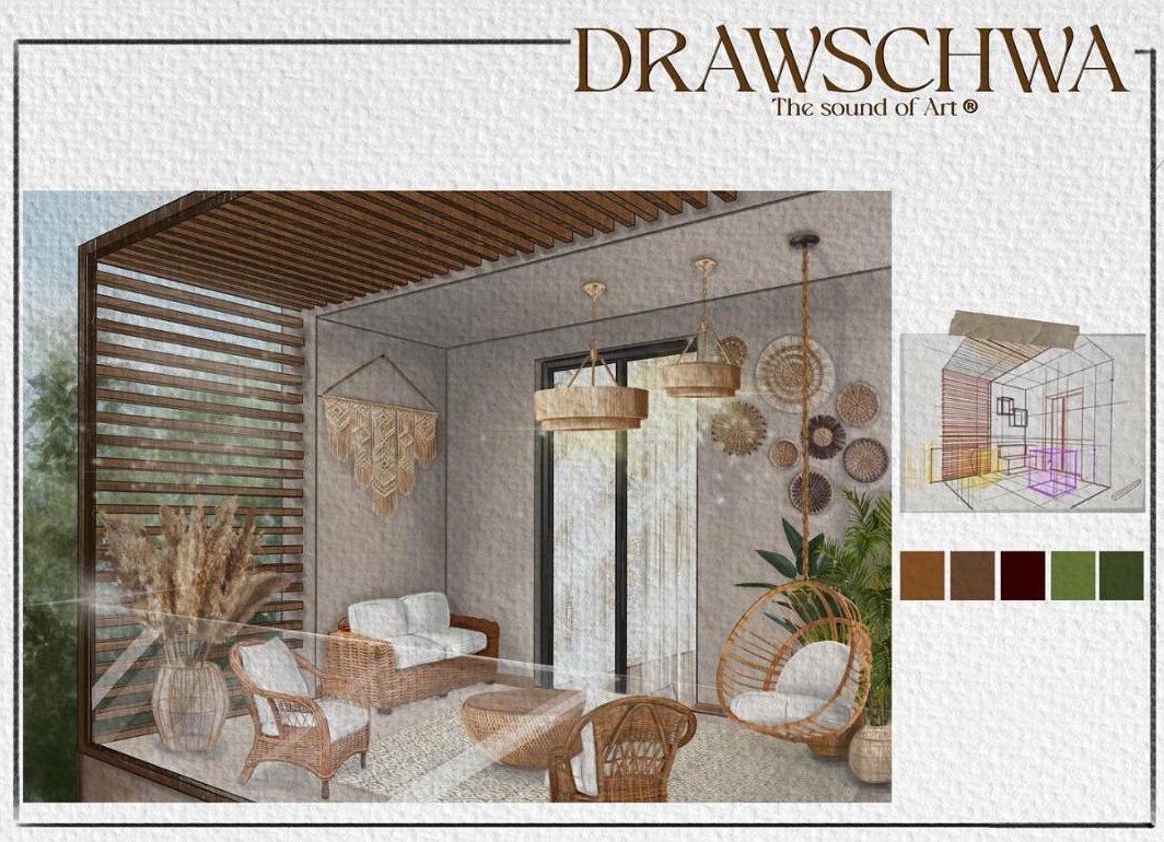 DRAWSCHWA design board: rattan terrace with wooden pergola, woven pendants and colour palette