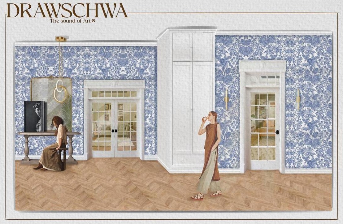 DRAWSCHWA hallway elevation with blue toile wallpaper and herringbone floor