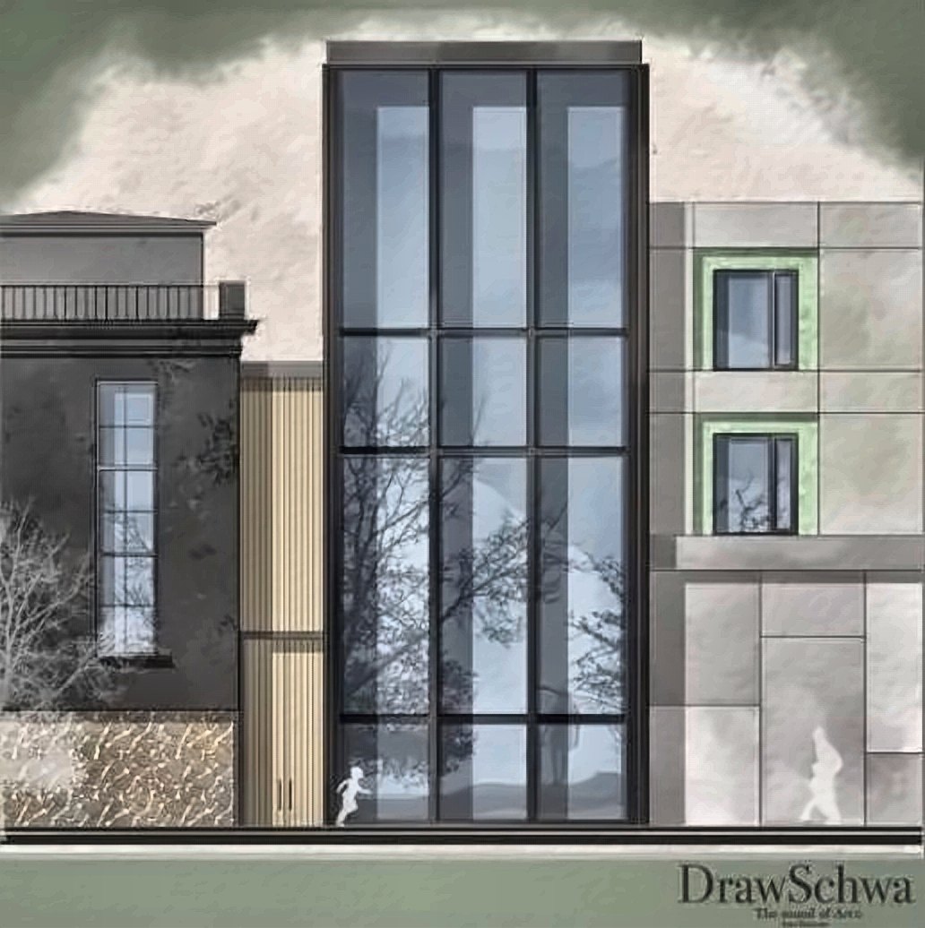 Architectural elevation of a glass infill building between older facades